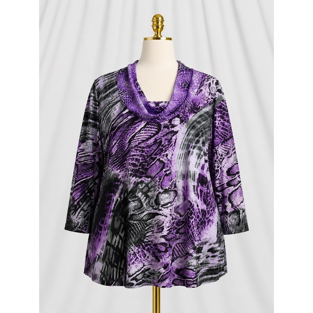 Susan Graver Liquid Knit Tunic Chiffon Cowl Neckline Large Purple Snakeskin